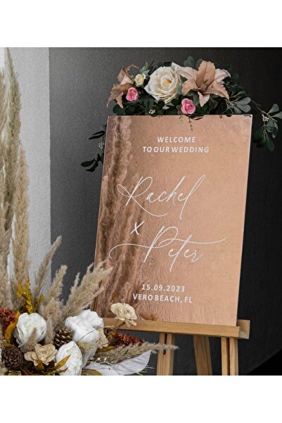 Yalova Design Rose Pembe Düğün & Nişan Lüks  Pleksi Aynalı Karşılama Panosu 8...