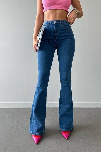 Harmony Blugi din lycra cu picior evazat premium albastru Pantaloni din denim cu talie înaltă