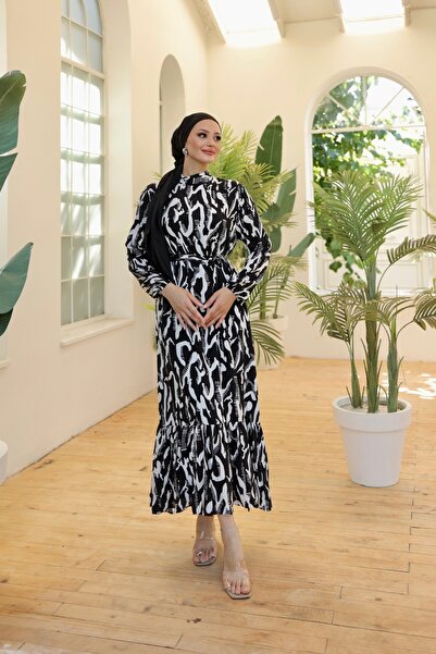 B.HE.Z Віскозна сукня для жінок - реактивний друк, комір-стійка, прихована блискавка, пояс, чорно-білий візерунок