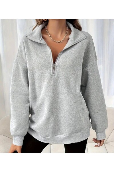 HIRSCH سويت شيرت رمادي كبير الحجم للجنسين بنصف سحاب