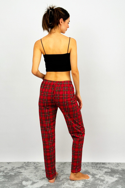 Betimoda Kadın Pamuklu Ekose Desenli Pijama Altı Eşofman Kurdeleli Kırmızı Sarı