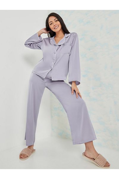 Styli Long Sleeves Solid Contrast Piped Shirt and Pyjama Set