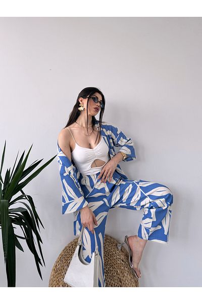 Fav Style Blue Patterned Kimono Women's Trousers Set