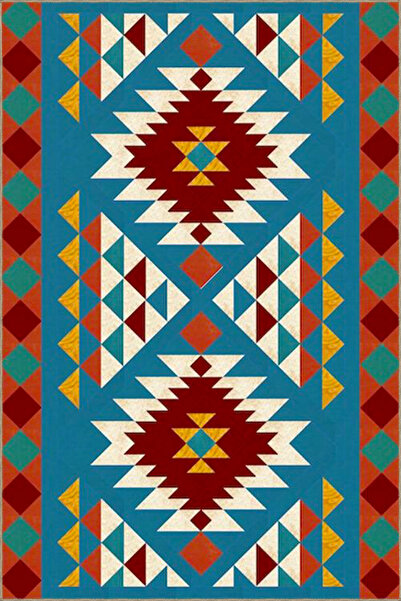 Rugs Modern Halı Blue Geometric Patterned Woven Base Carpet and Washable Carp...