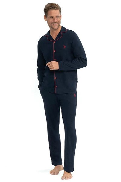U.S. Polo Assn. Σετ ανδρικές πιτζάμες Navy Blue - Βαμβακερό και Modal ύφασμα, μπροστινό κουμπί, γιακάς πουκάμισου