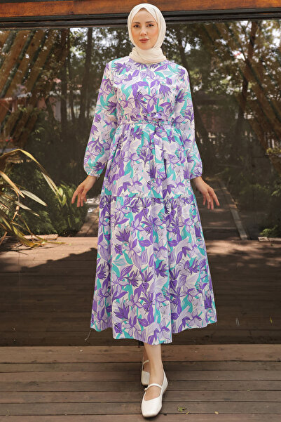 benguen Lilac Hijab Dress - 439 Patterned