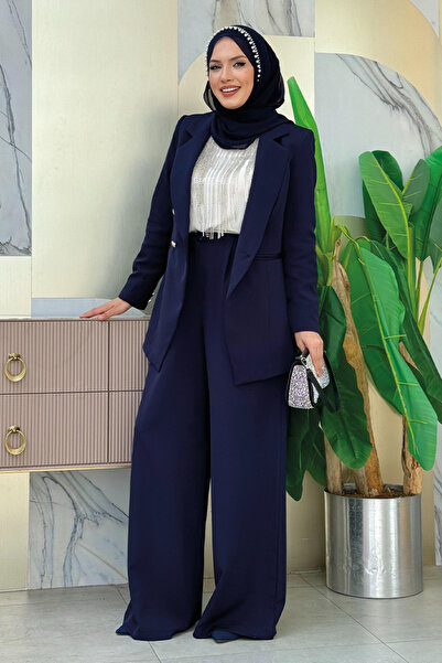 Bym Fashion Navy Blue Blazer Jacket and Loose Trousers Set - Button Detailed 8302