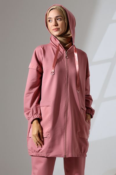 Mihran Butik Γυναικείο αθλητικό και άνετο σετ Hijab σε χρώμα πούδρας - Χτενισμένο βαμβακερό κάτω και επάνω σετ
