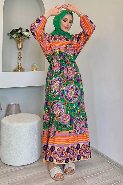 julude Yeşilorange Viscose Hijab φόρεμα - Μανίκι νυχτερίδας και δεμένη μέση με μοτίβο