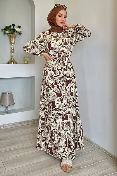 julude Φόρεμα Viscose Hijab - Καφέ στάμπα, φύλλο μέσης και βολάν