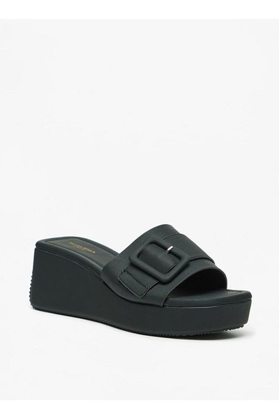 Flora Bella by Shoexpress Solid Slide Sandals with Wedge Heels and Buckle Accent