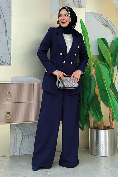 Bym Fashion Σετ μπλέιζερ μπλέ μπλέ και φαρδιά παντελόνια - με κουμπιά 8302