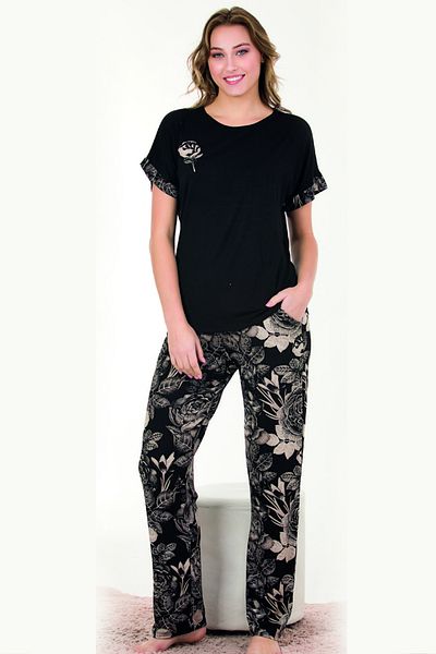 Jenny Daphne Colanți din viscoză cu model floral pentru damă - Gâtul turn, tricou cu mânecă scurtă, Set pijamale 12581