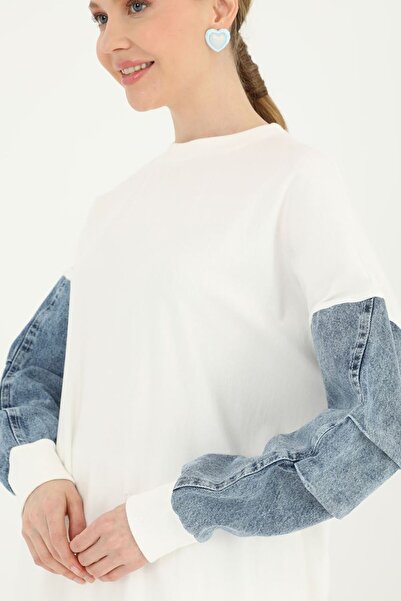 Puane Women's Two Thread Sleeves Gathered Denim Detailed Tunic/sweat 10410