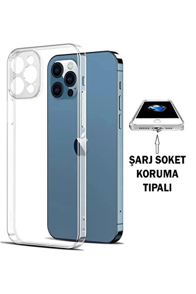 Evax (TIPALI ŞEFFAF) Iphone 12 Pro Kamera Koruyuculu Şarj Yeri Tıpalı Yumuşak...