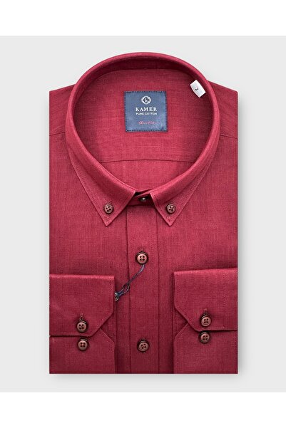 KAMER ERKEK SLIM FIT UZUN KOL %100 PAMUK BORDO GÖMLEK 2397R