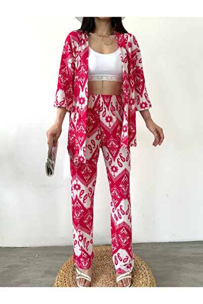 Fav Style Fuchsia Patterned Kimono Women's Trousers Set
