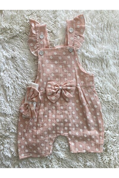 durubebe Kız puantiyeli tulum bandanalı