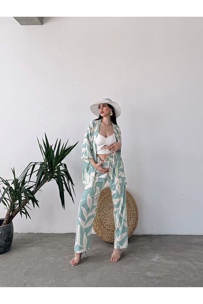 Fav Style Mint Colored Patterned Kimono Women's Trousers Set