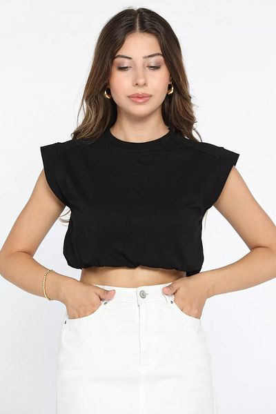 GÜLSELİ Femei - Tricou crop de bază negru, decolteu și talie elastică