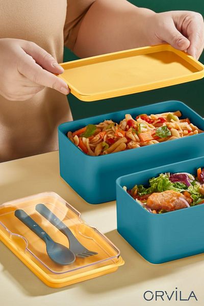 Orvila 2 Liter Mega Size 2 Layer Food Storage Set - Lunch Box with Fork and Spoon Serving