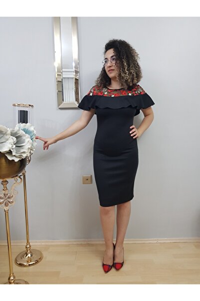 FERGAN KADIN SİYAH YARIM KOL OMUZ FIRFIRLI MİDİ ABİYE ELBİSE