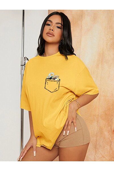 GALASHOP Kadın Papatya Desenli Büyük Bedenli Penye Bisiklet Yaka T-Shirt