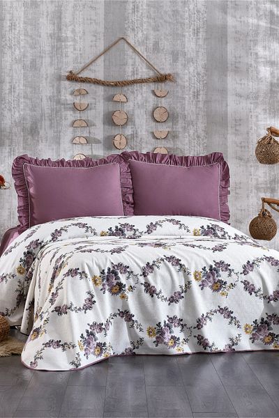 Minelya Home Collection Double Floral Pique Set - 100% Cotton, Frilly and Floral Patterned Elastic 4 Piece Set