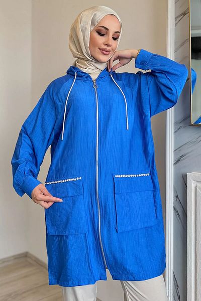julude Sax Blue Double Pocket Stone κεντημένο χιτζάμπ τουνίκ με κουκούλα