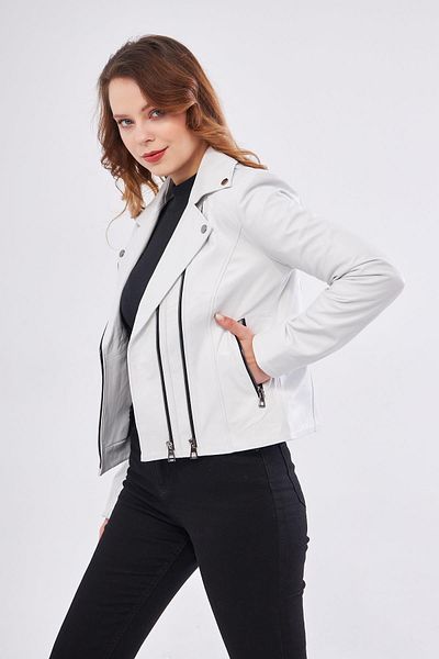 DERİNSS DKA1202 - Genuine Leather White Women's Coat
