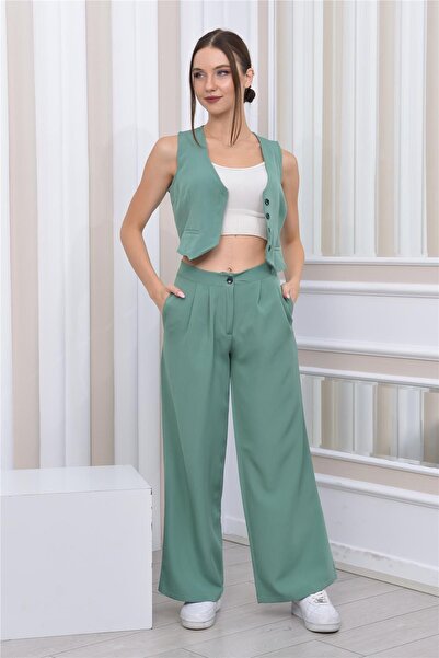 Nuseel Γυναικείο Σετ Φανελάκι-Παντελόνι από Ύφασμα Dabıl Διπλό Σετ Νεροπράσινο