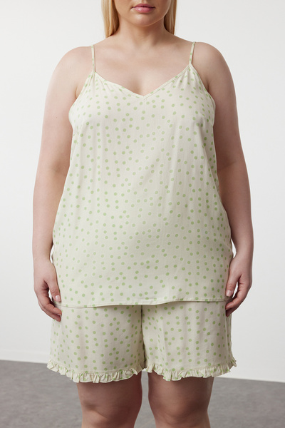 Trendyol Curve Sada pyžama s výstřihem do V Ecru s puntíkovaným vzorem - TBBSS24AI00071