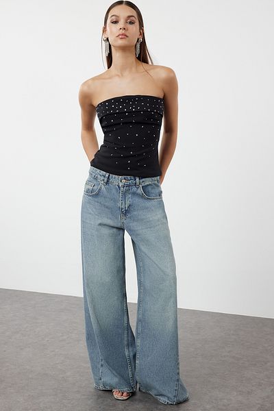 Trendyol Collection Stone Printed Black Woven Bustier - TPRSS24BS00045