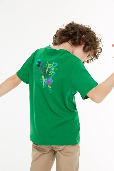 TRENDYOLKIDS Αγόρι Πλεκτό Πράσινο T-Shirt - Crew Neck, Back Print, κοντομάνικ...