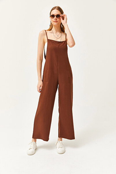Olalook Dámský hořký hnědý splývavý overal s kapsami na ramínka TLM-19000098
