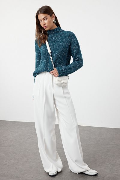 Trendyol Collection Pulover din tricotaje din bumbac cu textura moale de culoare petrol - TWOAW25KZ00005