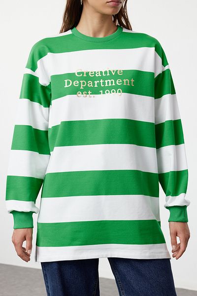 Trendyol Modest Oversize Green Knitted Striped Tunic - TCTSS23UK00041