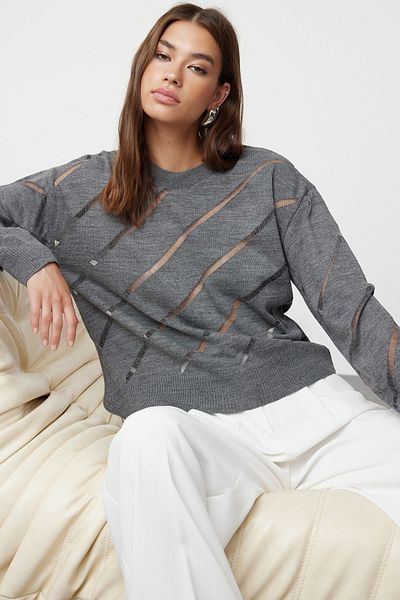 Trendyol Collection Áttört, perforált antracit kötöttáru pulóver - TWOAW24KZ00157
