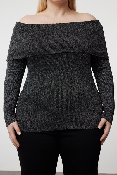 Trendyol Curve Πλεκτή μπλούζα με κορδόνι Carmen Collar Black Glitter - TBBAW25AF00000