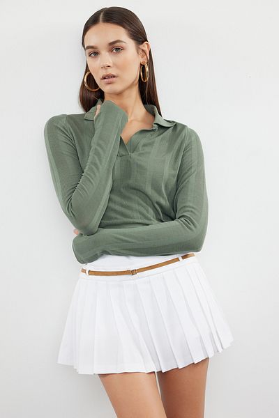 Trendyol Collection Pulover subțire din tricotaje verde cu gât polo - TWOAW25KZ00118