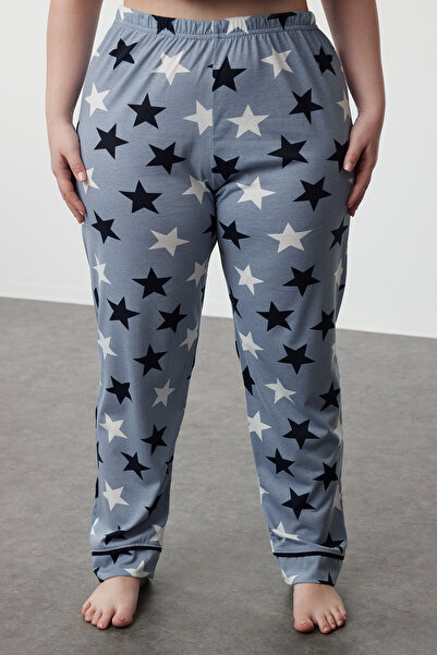 Trendyol Curve Σετ Πιτζάμες Πλεκτές Πιτζάμες με γιακά με σχέδιο μπλε αστέρι TBBAW24AI00040