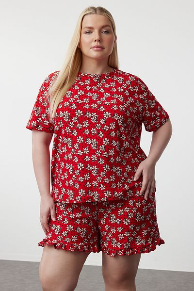 Trendyol Curve Kötött pizsama szett - piros virágmintás TBBSS24AI00139