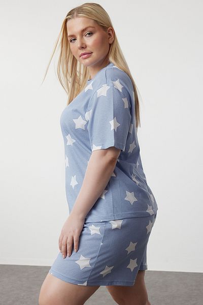 Trendyol Curve Blue Star Pattern Knitted Pajamas Set Tbbss24Ai0002