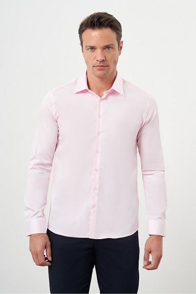 Morven Men's Pink Cotton Solid Pattern Hard Collar Slim Fit Shirt