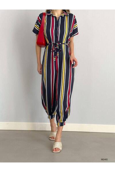 twomeey Kadın Düğme Detaylı Dokuma Viskon Kumaş Tulum (Renkli)