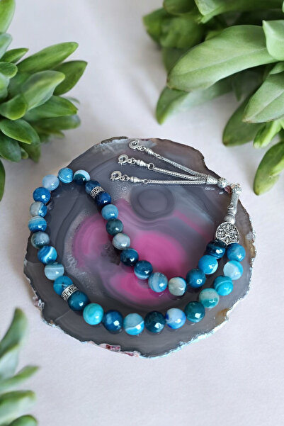 MGA DOĞAL TAŞ Piatra de agat albastru - Tesbih tăiat cu diamante de 33, piatră naturală de 10 mm, cutie MDF