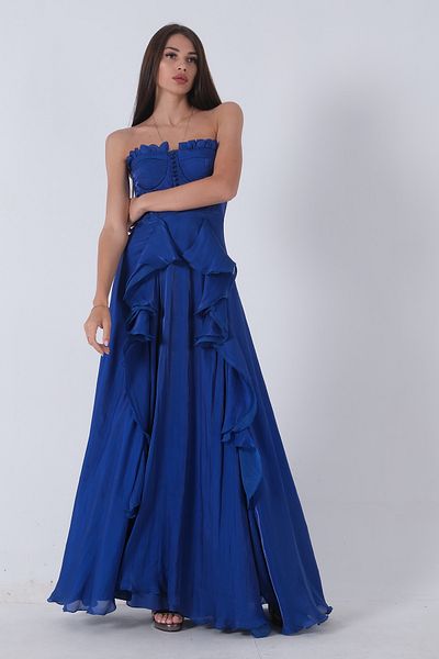 Feminist Strapless Neck and Slit Frilly Skirt Evening Dress - Saks9705234