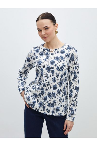 LC Waikiki Langärmlige Damenbluse mit Blumenmuster und Krawattenkragen