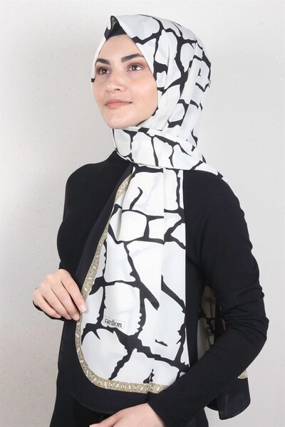 Modakaşmir Medine Desenli Şal 1826-19 Siyah Ekru