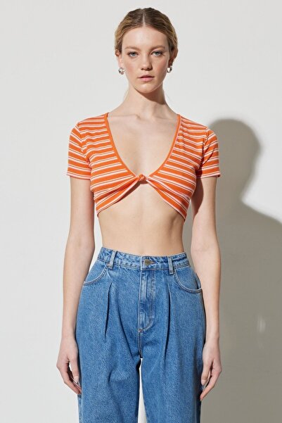 WRANGLER Regular Fit Regular Cut Low-Cut Collar Women's Orange Striped Crop Blouse T-Shirt